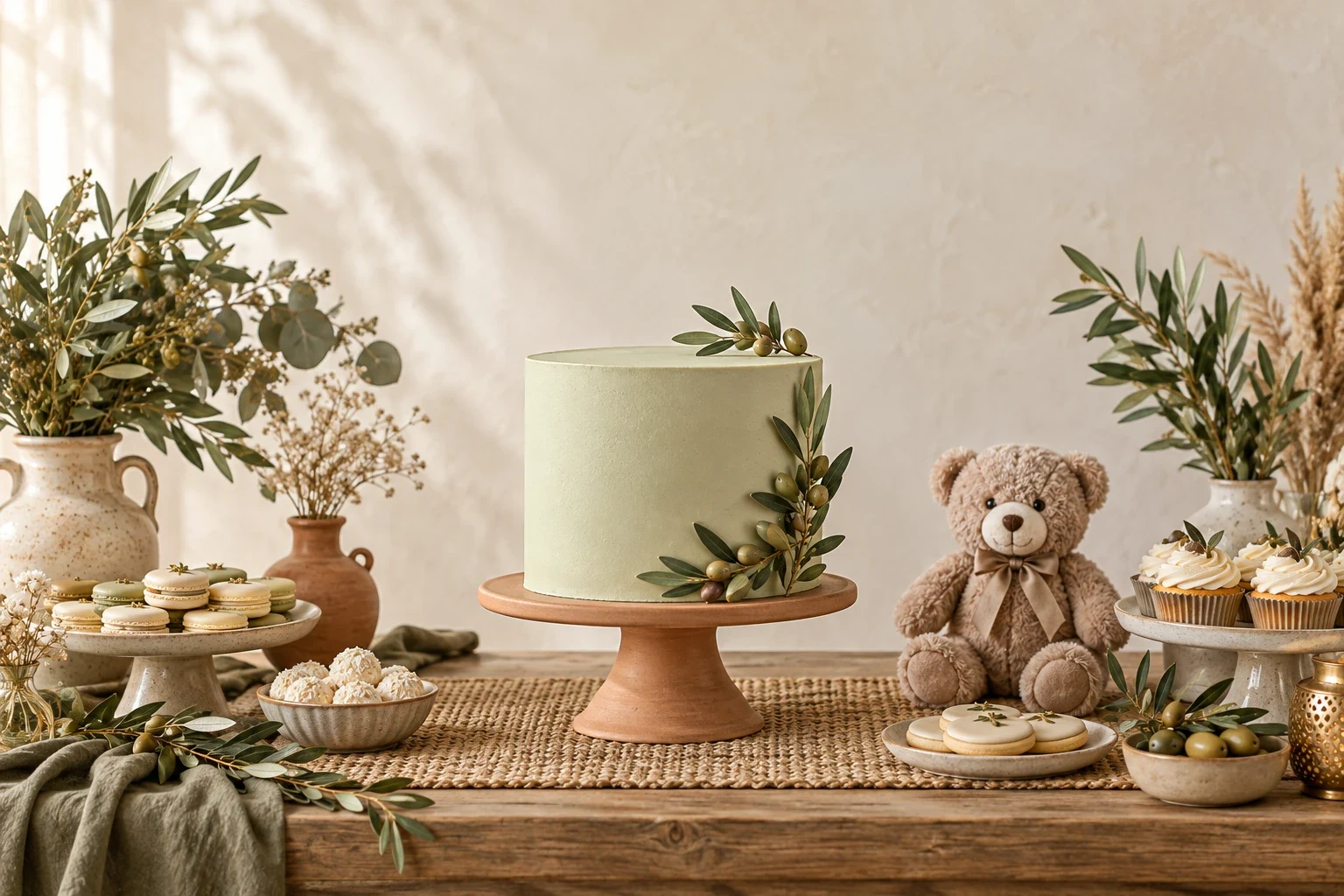 Mesa de celebración con pasteles, cerámica y detalles naturales